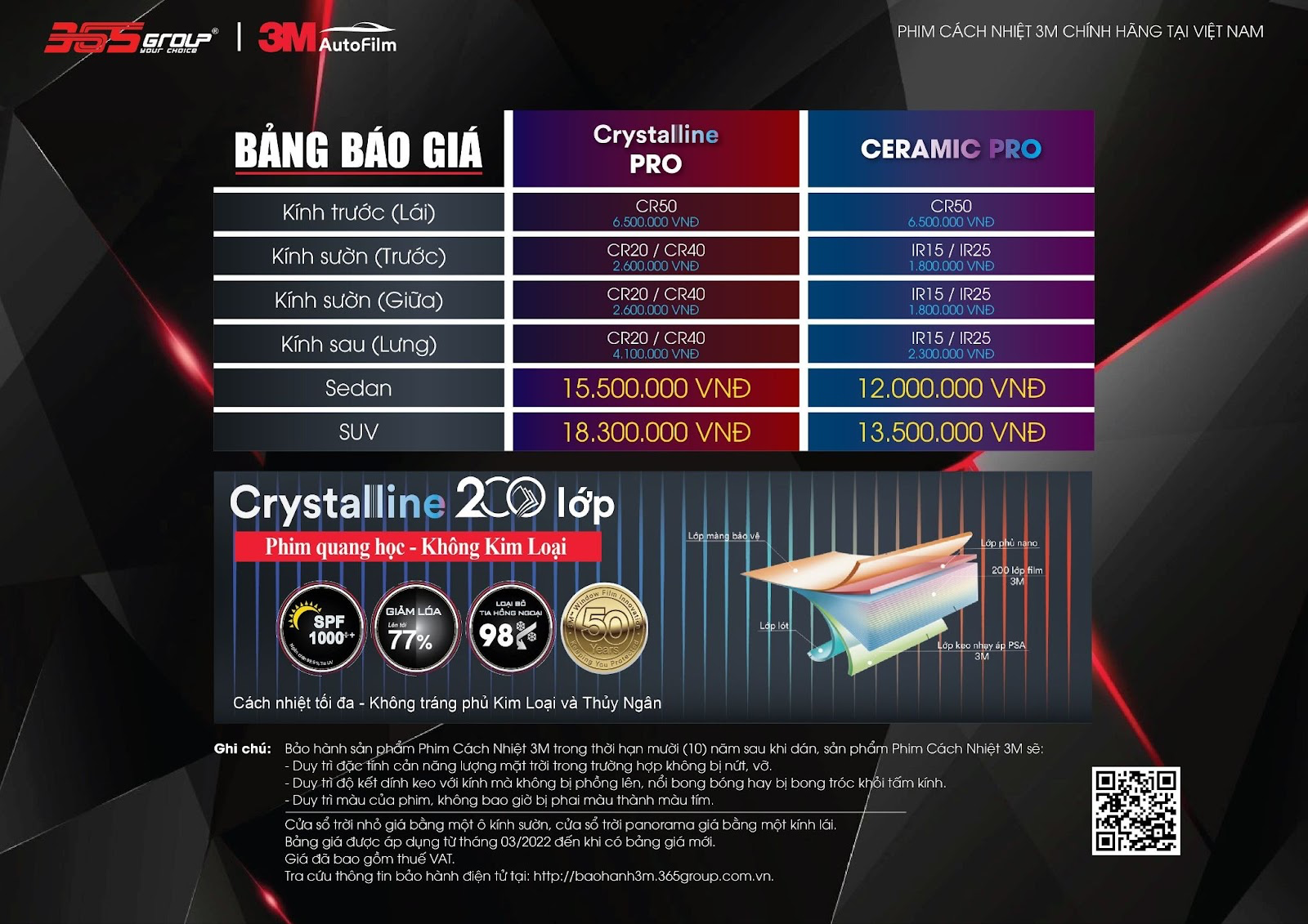 Bảng giá dán phim cách nhiệt 3M Crystalline chính hãng tại Auto365